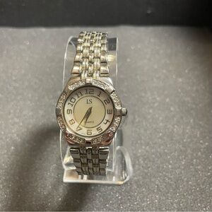 LS Ladies Quartz Watch Silver Tone Rhinestone Accent Bezel Working New Battery.